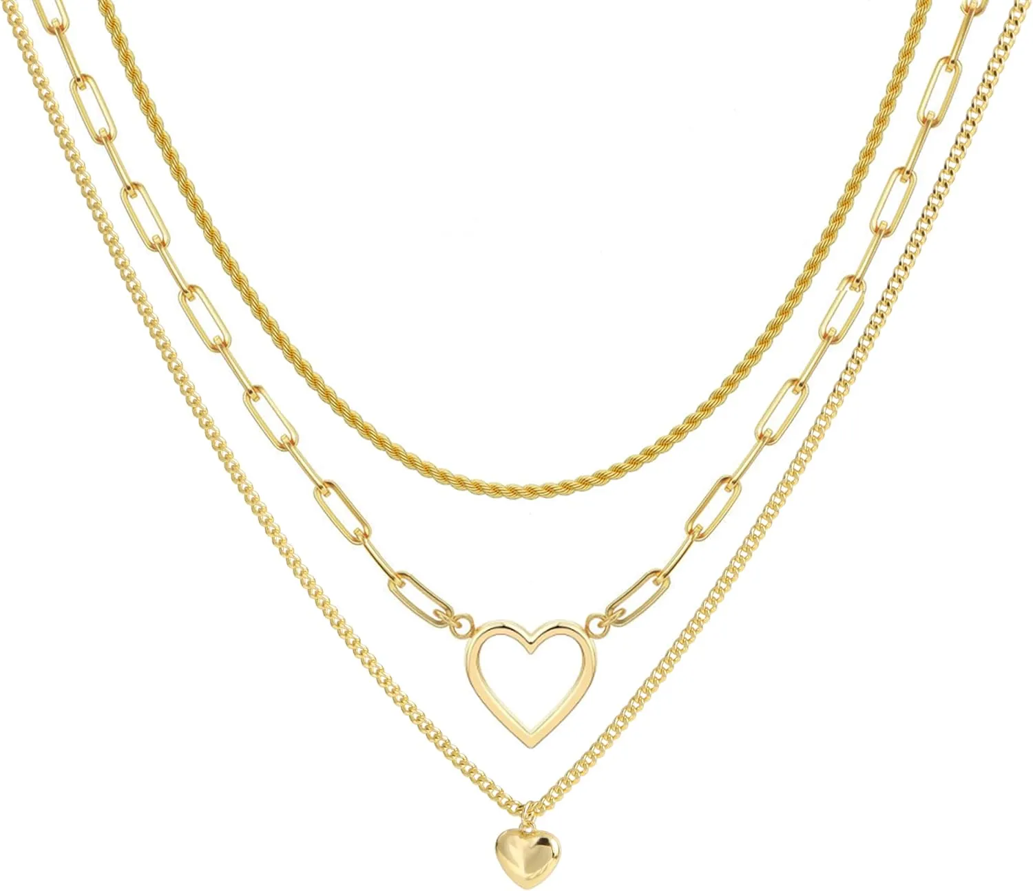 Heart Necklace Layered Necklaces for Women Trendy 14k Gold Plated Heart Pendan Rope Chain Cuban Link Paperclip Chain necklaces Stack Sets Jewelry Gifts