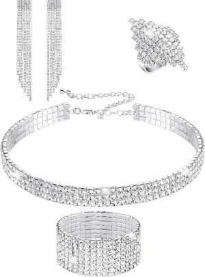 Hicarer 3 Pieces Women Rhinestone Jewelry Set Rhinestone Choker Bracelet Bangle Crystal Necklace Ring Earrings for Wedding