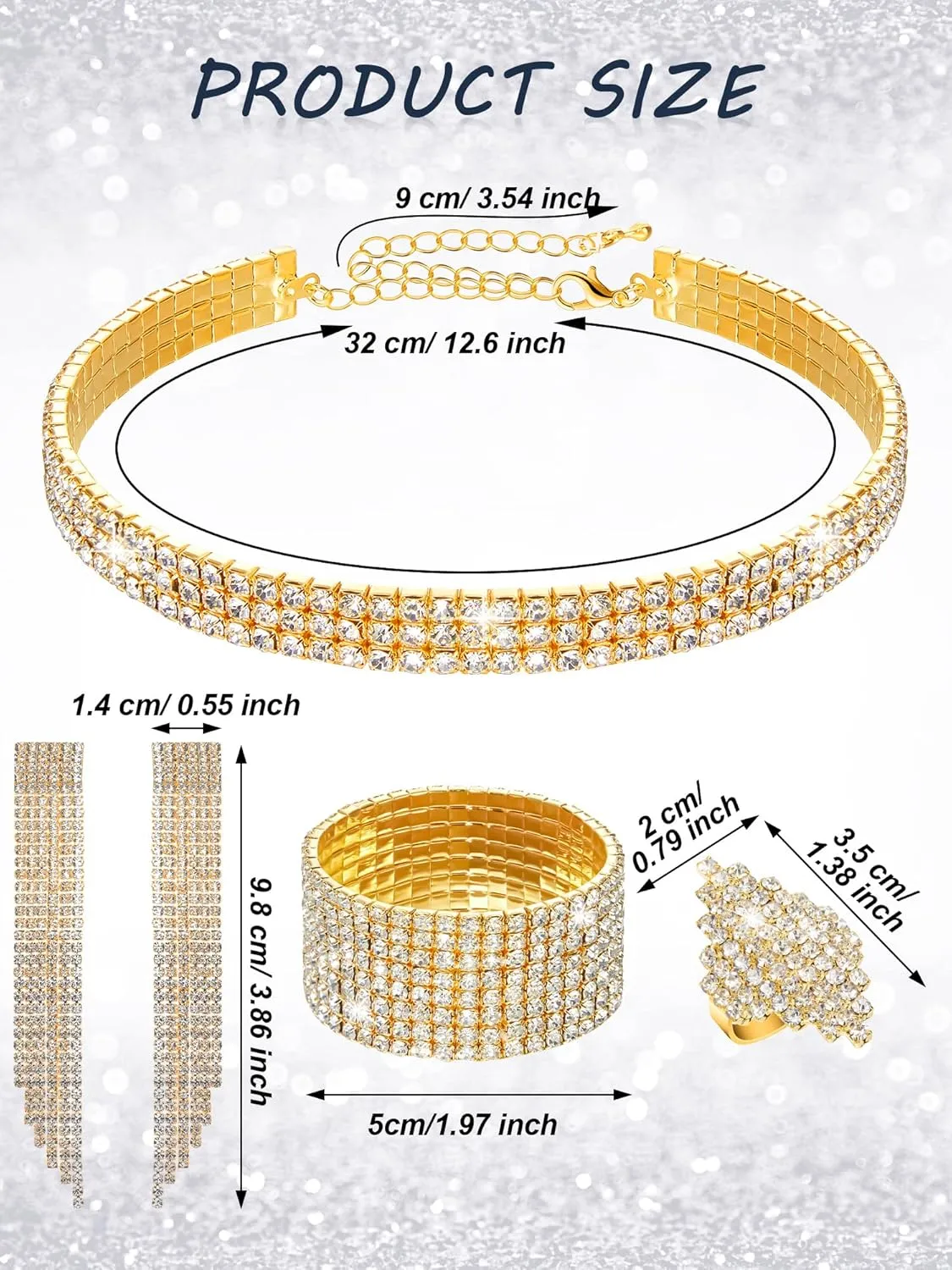 Hicarer 3 Pieces Women Rhinestone Jewelry Set Rhinestone Choker Bracelet Bangle Crystal Necklace Ring Earrings for Wedding