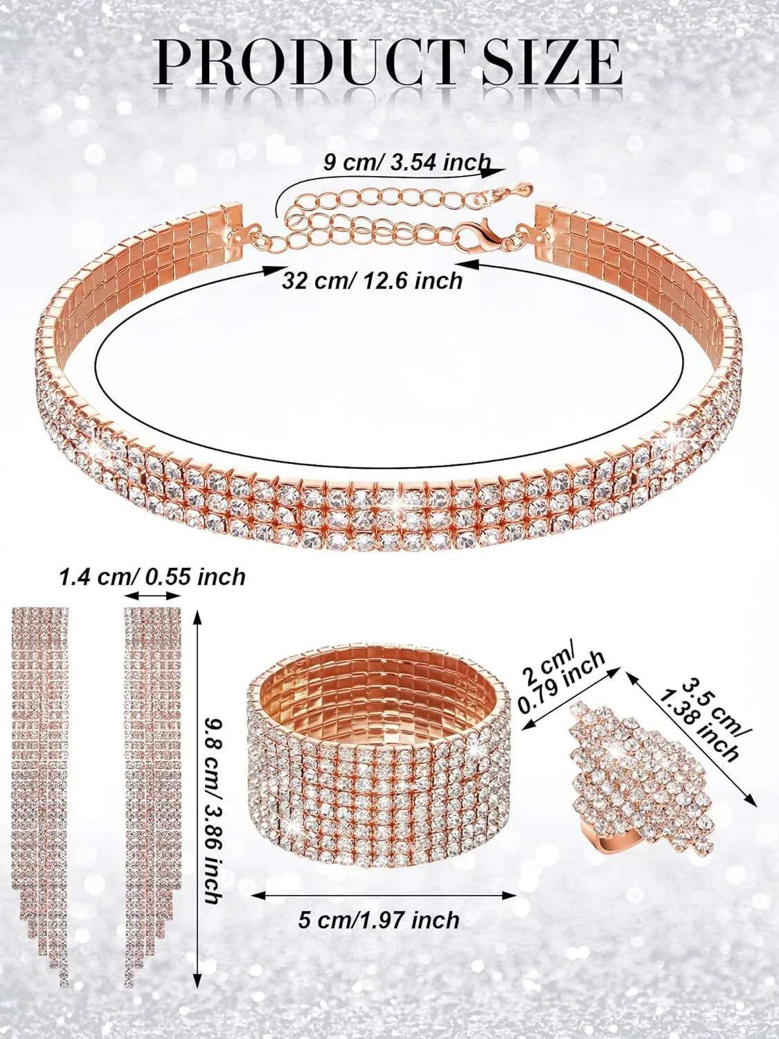 Hicarer 3 Pieces Women Rhinestone Jewelry Set Rhinestone Choker Bracelet Bangle Crystal Necklace Ring Earrings for Wedding