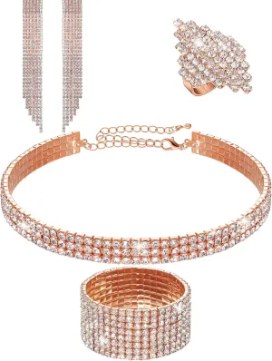 Hicarer 3 Pieces Women Rhinestone Jewelry Set Rhinestone Choker Bracelet Bangle Crystal Necklace Ring Earrings for Wedding