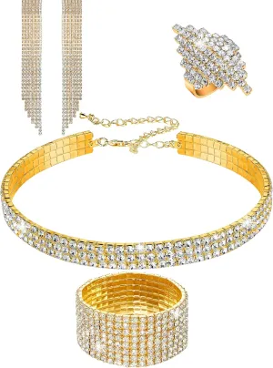 Hicarer 3 Pieces Women Rhinestone Jewelry Set Rhinestone Choker Bracelet Bangle Crystal Necklace Ring Earrings for Wedding