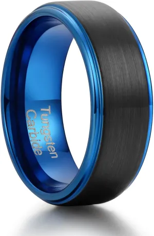 Holizaly 8mm Men's Tungsten Carbide Wedding Ring Blue Concave Groove Engagement Commitment Polished Finishing Comfort Fit Size 6-13