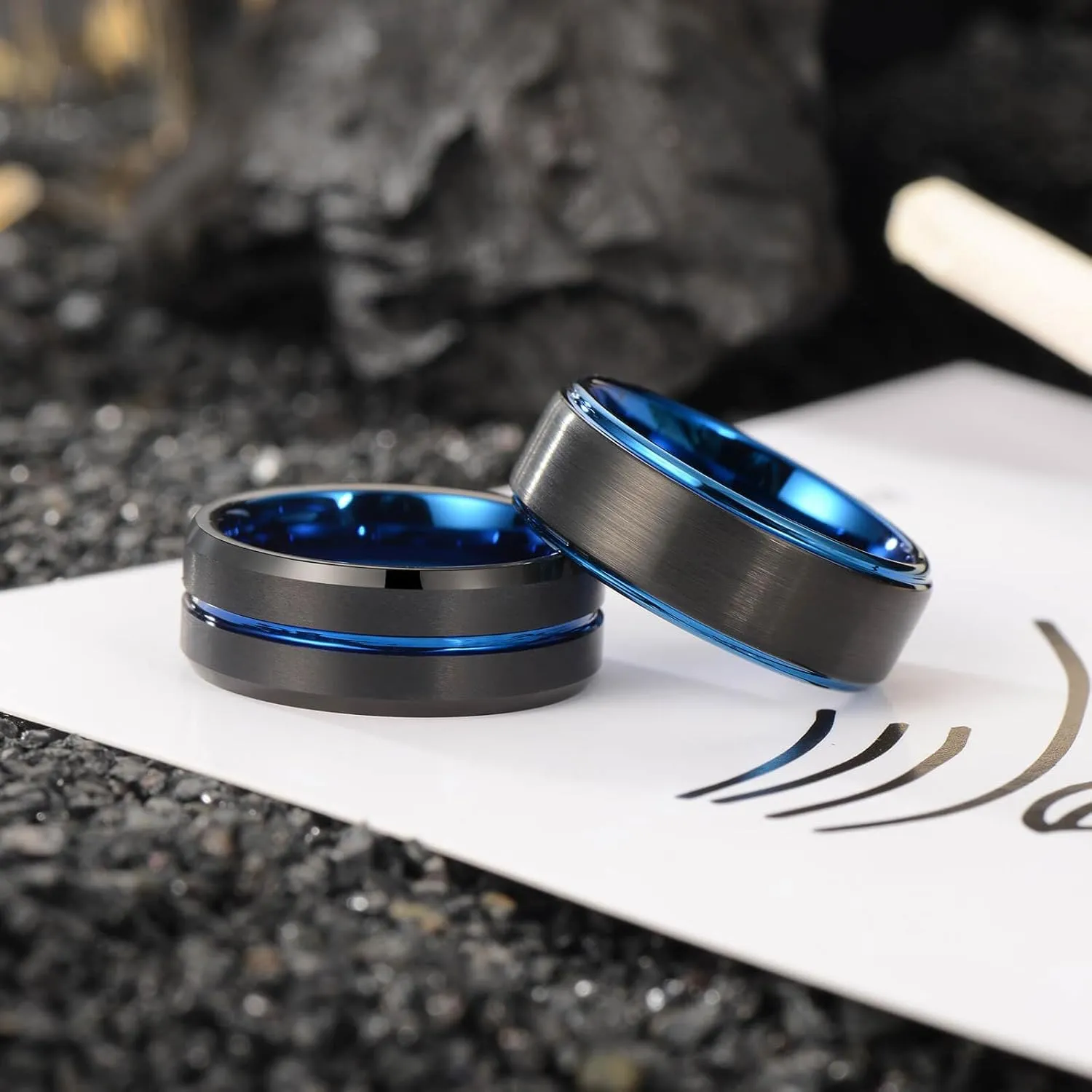 Holizaly 8mm Men's Tungsten Carbide Wedding Ring Blue Concave Groove Engagement Commitment Polished Finishing Comfort Fit Size 6-13