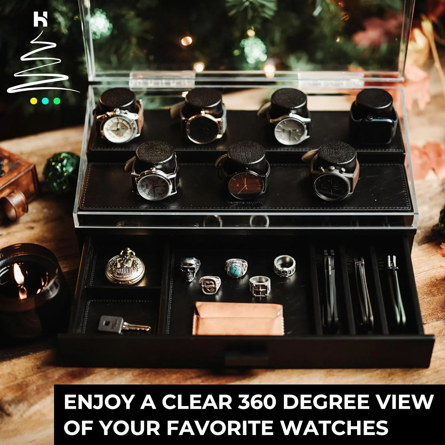 Holme & Hadfield Premium 7-Slot Wooden Watch Display Case  Large Handcrafted Mens Watch Box with Accessory Drawer, Hinged Cover, Leather Lining Fathers Day Gift for Men  Luxury Built to Last