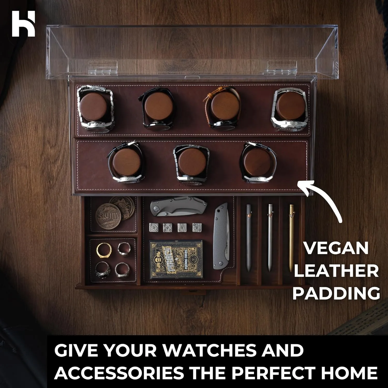 Holme & Hadfield Premium 7-Slot Wooden Watch Display Case  Large Handcrafted Mens Watch Box with Accessory Drawer, Hinged Cover, Leather Lining Fathers Day Gift for Men  Luxury Built to Last