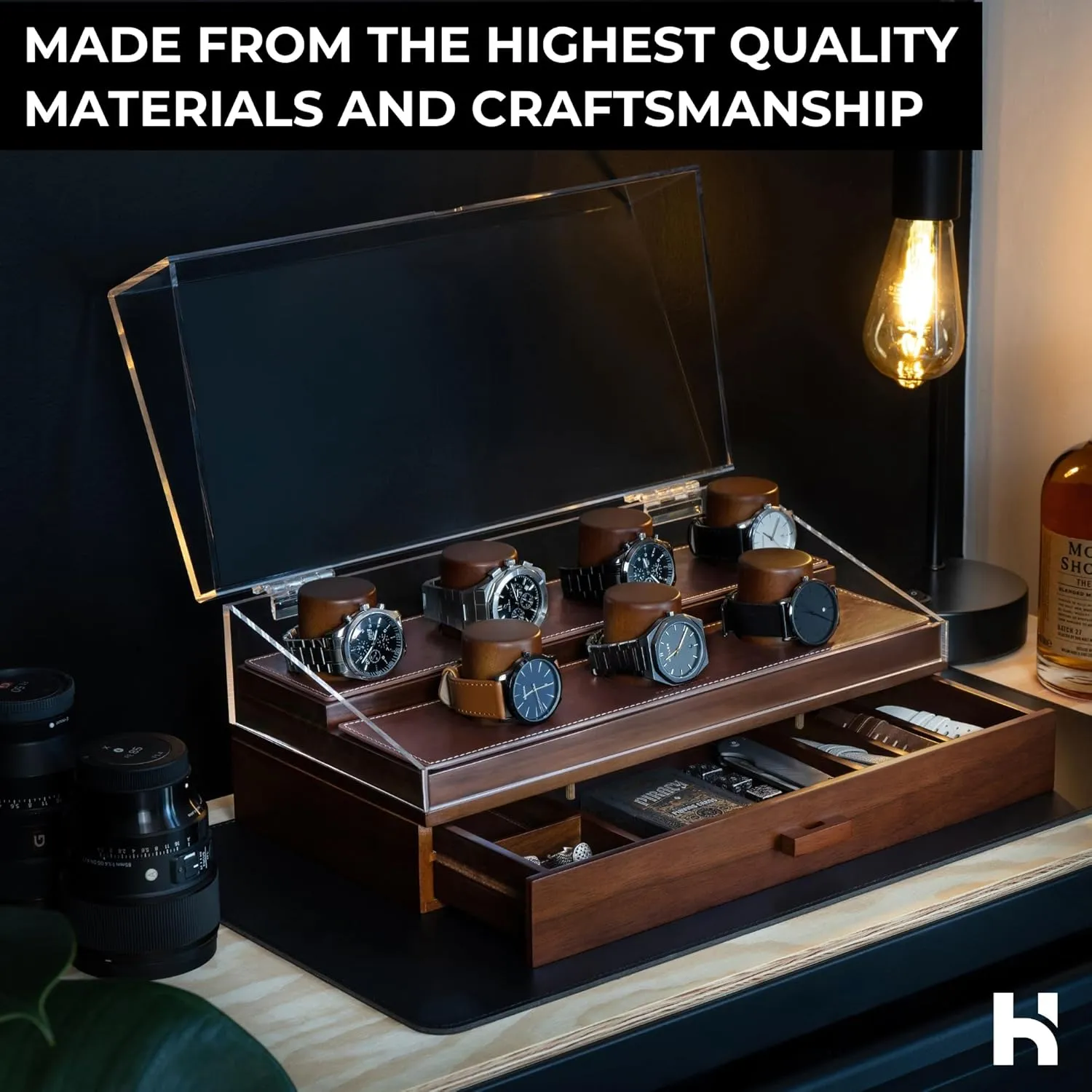 Holme & Hadfield Premium 7-Slot Wooden Watch Display Case  Large Handcrafted Mens Watch Box with Accessory Drawer, Hinged Cover, Leather Lining Fathers Day Gift for Men  Luxury Built to Last