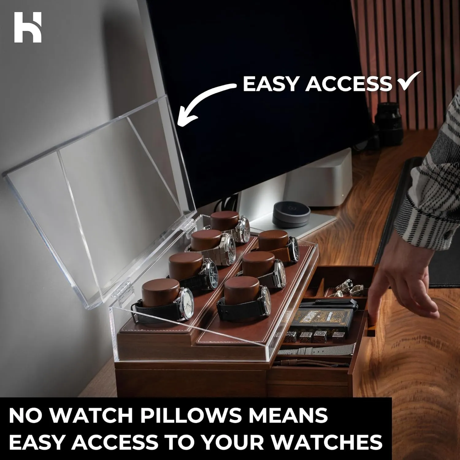 Holme & Hadfield Premium 7-Slot Wooden Watch Display Case  Large Handcrafted Mens Watch Box with Accessory Drawer, Hinged Cover, Leather Lining Fathers Day Gift for Men  Luxury Built to Last