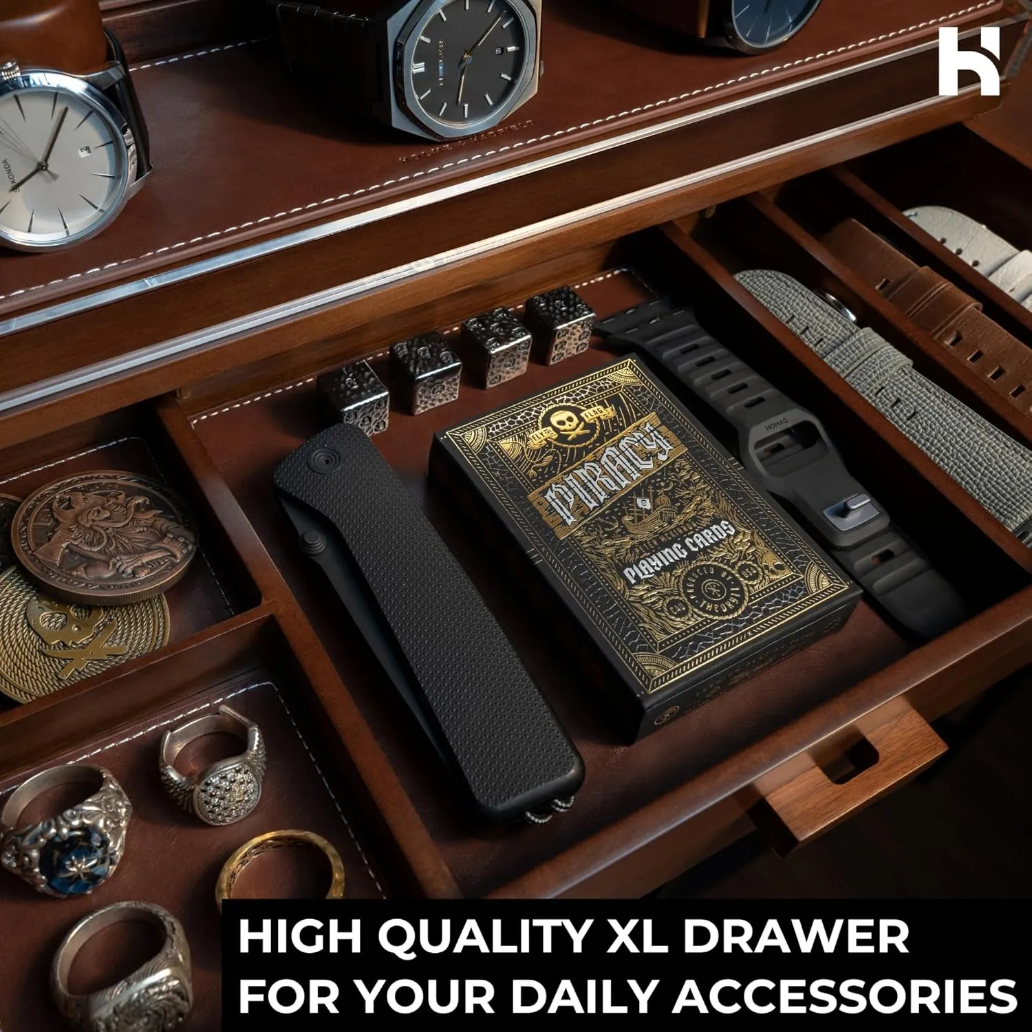 Holme & Hadfield Premium 7-Slot Wooden Watch Display Case  Large Handcrafted Mens Watch Box with Accessory Drawer, Hinged Cover, Leather Lining Fathers Day Gift for Men  Luxury Built to Last