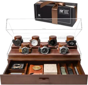 Holme & Hadfield Premium 7-Slot Wooden Watch Display Case  Large Handcrafted Mens Watch Box with Accessory Drawer, Hinged Cover, Leather Lining Fathers Day Gift for Men  Luxury Built to Last