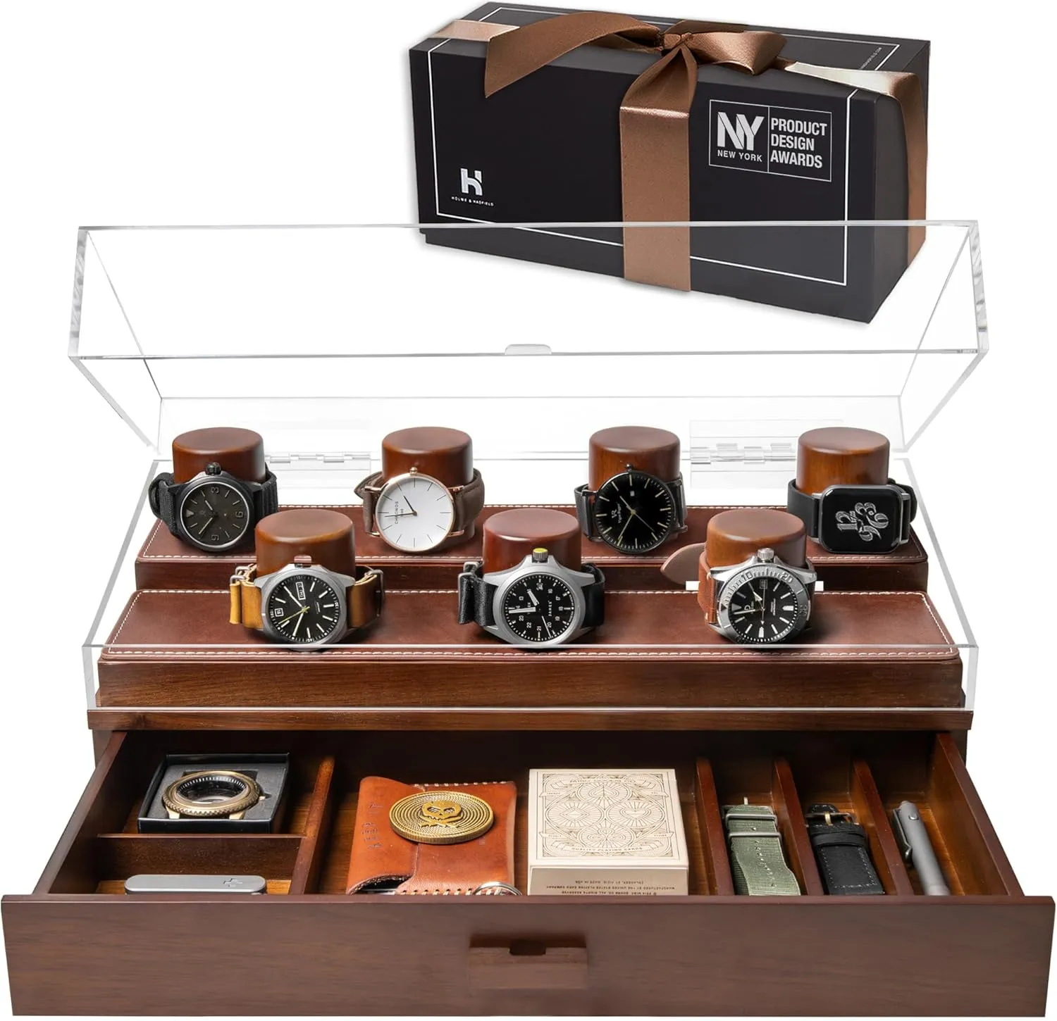 Holme & Hadfield Premium 7-Slot Wooden Watch Display Case  Large Handcrafted Mens Watch Box with Accessory Drawer, Hinged Cover, Leather Lining Fathers Day Gift for Men  Luxury Built to Last