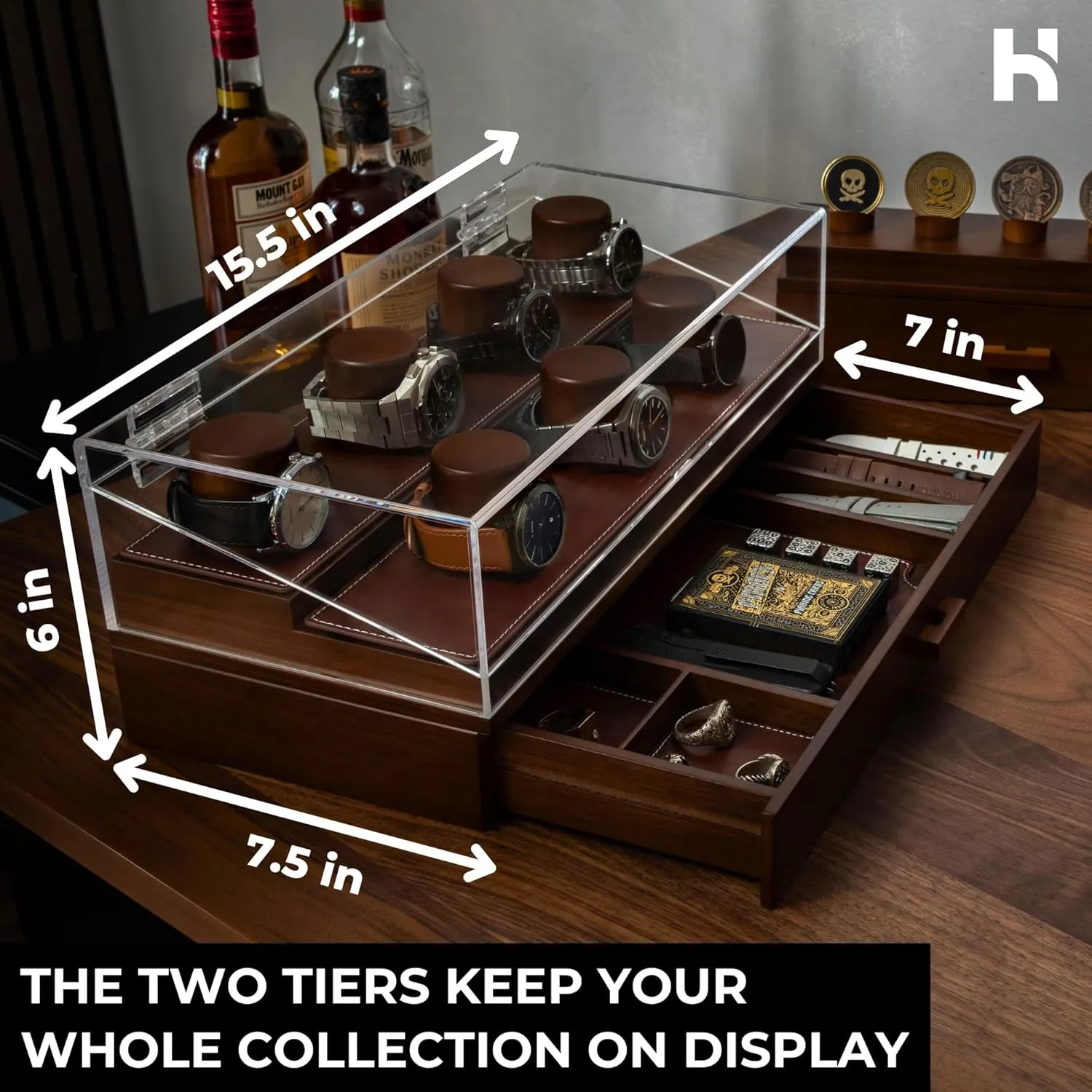 Holme & Hadfield Premium 7-Slot Wooden Watch Display Case  Large Handcrafted Mens Watch Box with Accessory Drawer, Hinged Cover, Leather Lining Fathers Day Gift for Men  Luxury Built to Last