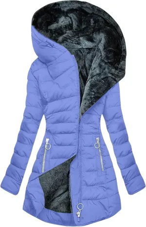 Hooded Winter Down Puffer Coat Fleece Lined Coats Ladies Padded Thermal Overcoat with Faux Hooded Windproof Thicken