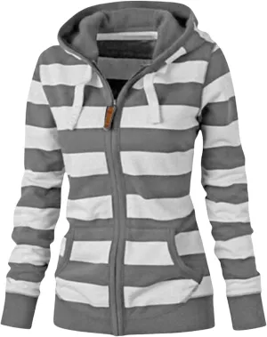 Hoodies for Womens Oversized Striped Hooded Sweatshirt Full Zip Classic Drawstring Jackets Casual Coat Tops Pockets