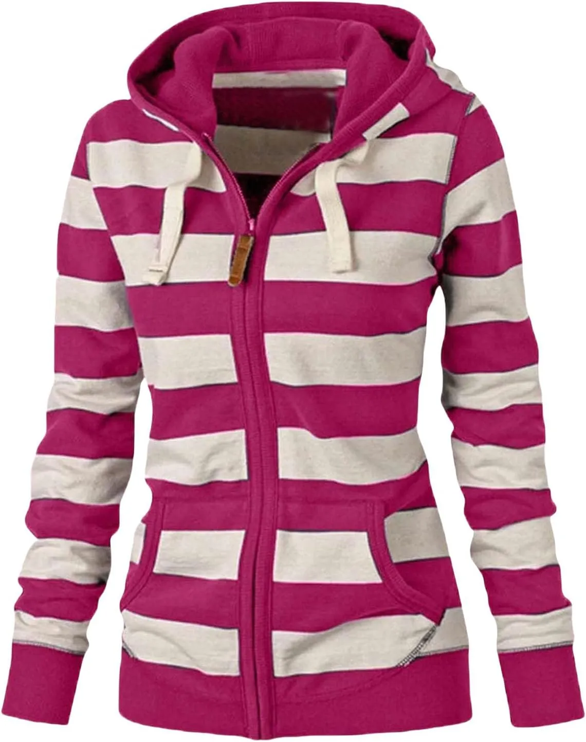 Hoodies for Womens Oversized Striped Hooded Sweatshirt Full Zip Classic Drawstring Jackets Casual Coat Tops Pockets