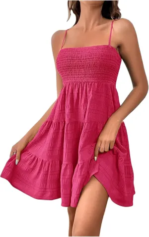 Hvyesh Womens Summer Dresses Casual Sleeveless Spaghetti Strap Square Neck Backless Tiered Ruffle A Line Mini Beach Dress