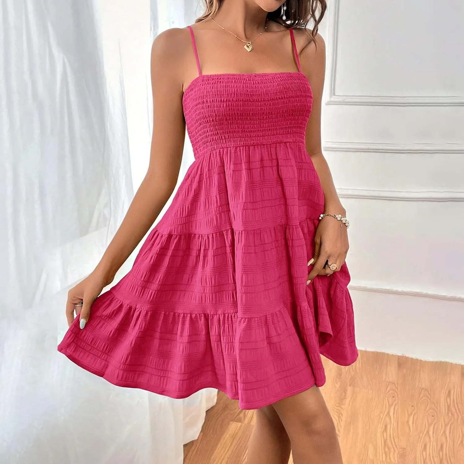 Hvyesh Womens Summer Dresses Casual Sleeveless Spaghetti Strap Square Neck Backless Tiered Ruffle A Line Mini Beach Dress