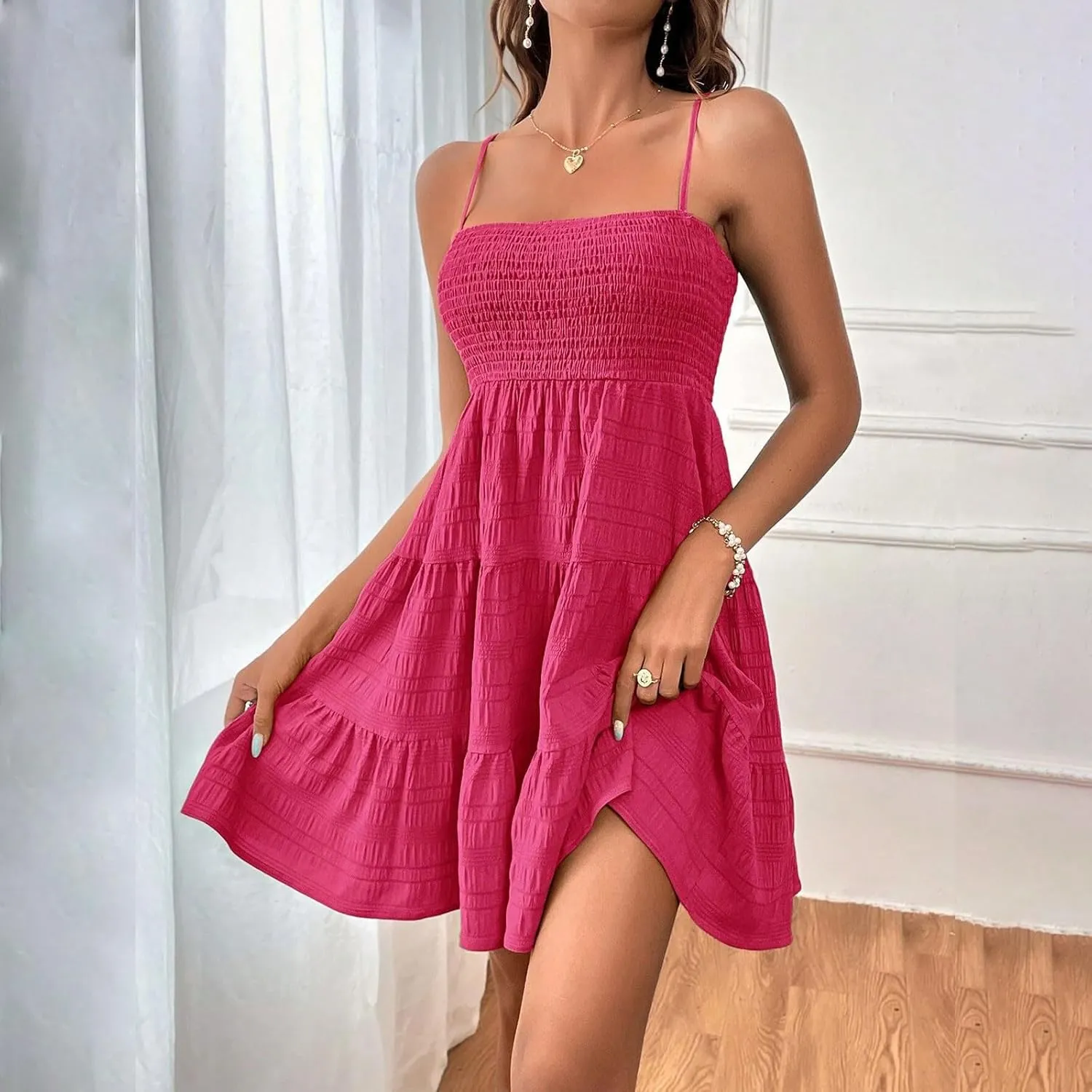 Hvyesh Womens Summer Dresses Casual Sleeveless Spaghetti Strap Square Neck Backless Tiered Ruffle A Line Mini Beach Dress