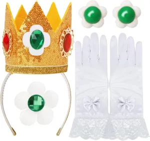 ICECUTE 4 PCS Princess Crown Accessories Kit,Incl. Flower Crown/Brooch/Earring/Glove,Dress Up Accessories for Women Gold
