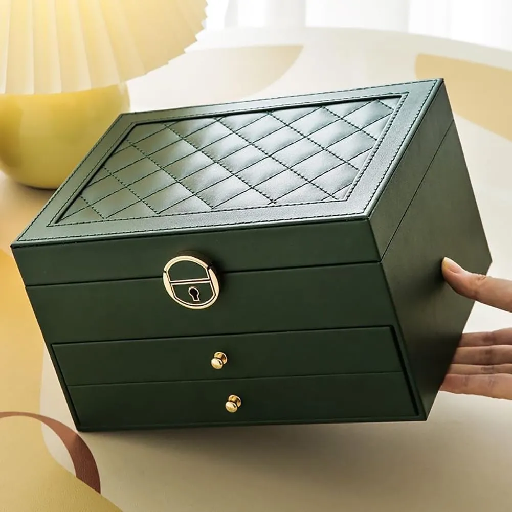 ikasus Jewelry Box for Women Girls, 3-Layer Jewelry Organizer Box, PU Leather Jewelry Storage Case, Ladies Jewelry Box for Earrings, Bracelets, Rings, Watches,Necklaces, Dark Green