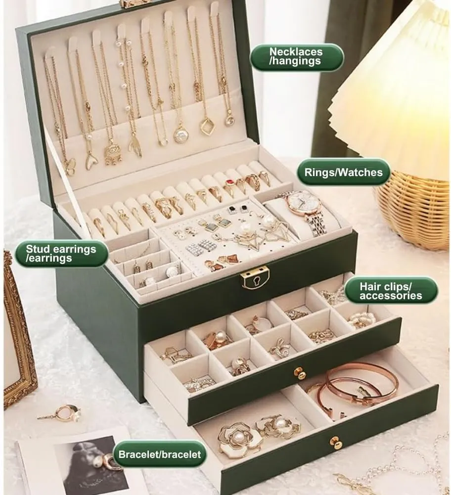 ikasus Jewelry Box for Women Girls, 3-Layer Jewelry Organizer Box, PU Leather Jewelry Storage Case, Ladies Jewelry Box for Earrings, Bracelets, Rings, Watches,Necklaces, Dark Green