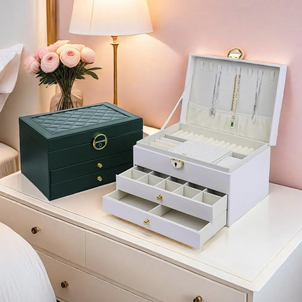 ikasus Jewelry Box for Women Girls, 3-Layer Jewelry Organizer Box, PU Leather Jewelry Storage Case, Ladies Jewelry Box for Earrings, Bracelets, Rings, Watches,Necklaces, Dark Green