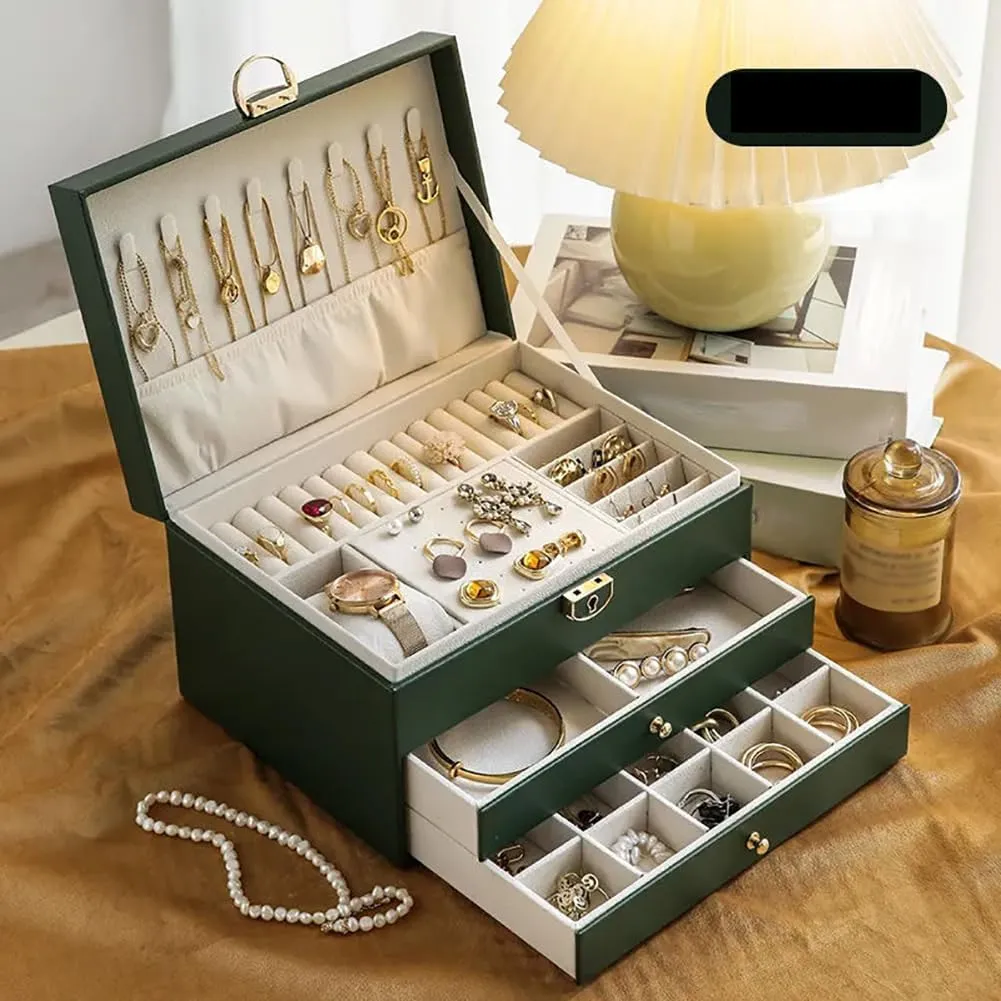 ikasus Jewelry Box for Women Girls, 3-Layer Jewelry Organizer Box, PU Leather Jewelry Storage Case, Ladies Jewelry Box for Earrings, Bracelets, Rings, Watches,Necklaces, Dark Green