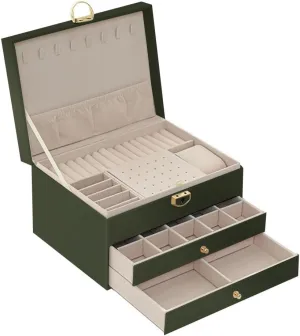 ikasus Jewelry Box for Women Girls, 3-Layer Jewelry Organizer Box, PU Leather Jewelry Storage Case, Ladies Jewelry Box for Earrings, Bracelets, Rings, Watches,Necklaces, Dark Green