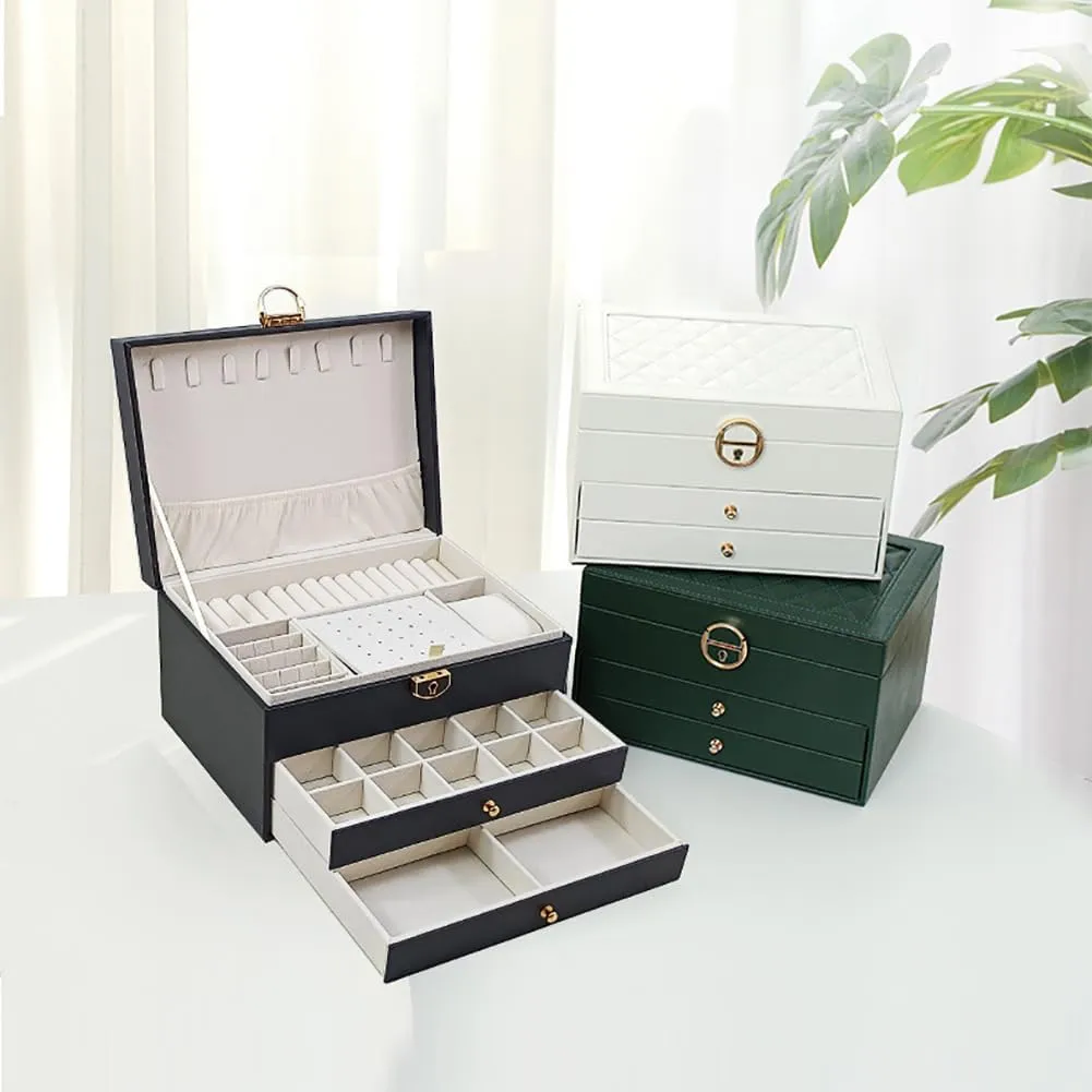ikasus Jewelry Box for Women Girls, 3-Layer Jewelry Organizer Box, PU Leather Jewelry Storage Case, Ladies Jewelry Box for Earrings, Bracelets, Rings, Watches,Necklaces, Dark Green