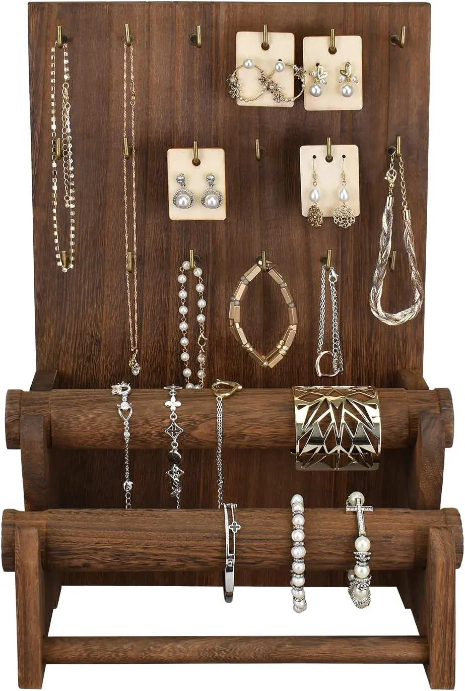 Ikee Design 18 Hooks and 2 Removable Bars Wood Jewelry Holder Organizer Stand, Earring Bracelet Jewelry Display Stand Organizer, Necklace Bracelet Holder, Brown Color