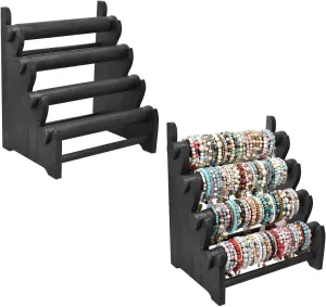 Ikee Design 2 Pcs Antique Wooden 4 Tier Jewelry Bracelet Display Stand Bangle Scrunchie Organizer Holder for Store, Showcase and Home Storage, 12" W x 9" D x 14" H, Black Color