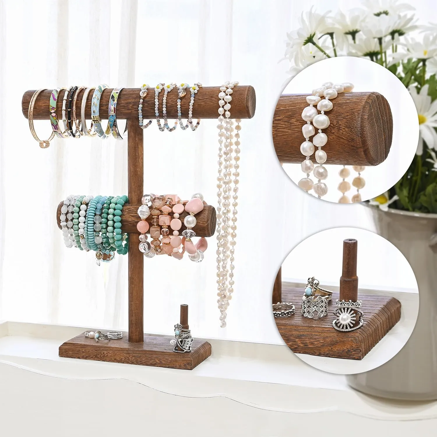 Ikee Design 2 Tier Wooden Jewelry Bracelet Watch Display Holder, T-Bar Bangle Scrunchie Necklace with Ring Holder Jewelry Storage Stand for Vendor, Selling, 11.9 W x 3.5 D x 13.6 H in, Brown Color