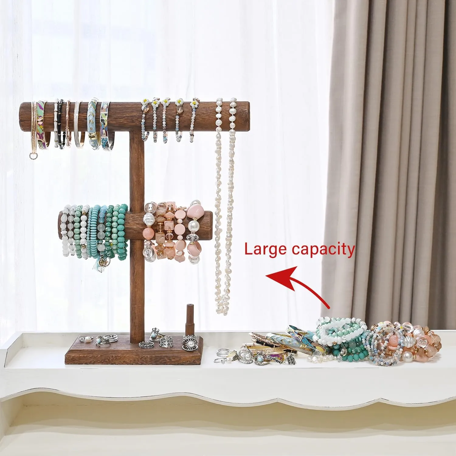 Ikee Design 2 Tier Wooden Jewelry Bracelet Watch Display Holder, T-Bar Bangle Scrunchie Necklace with Ring Holder Jewelry Storage Stand for Vendor, Selling, 11.9 W x 3.5 D x 13.6 H in, Brown Color