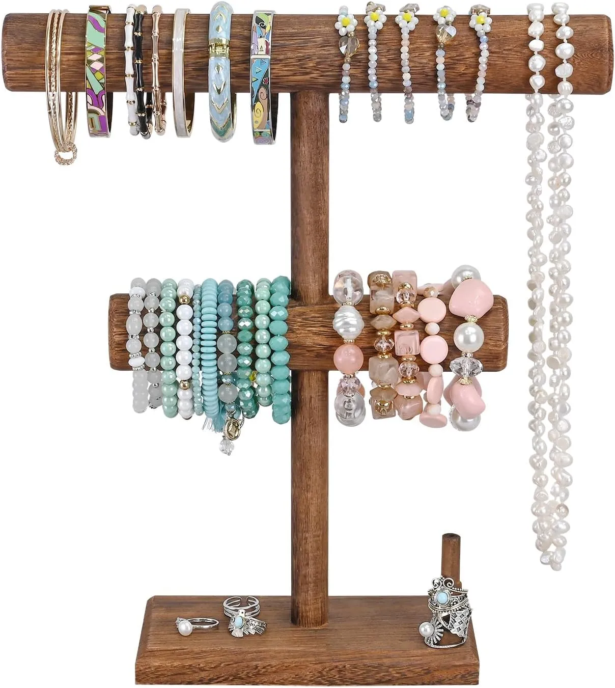 Ikee Design 2 Tier Wooden Jewelry Bracelet Watch Display Holder, T-Bar Bangle Scrunchie Necklace with Ring Holder Jewelry Storage Stand for Vendor, Selling, 11.9 W x 3.5 D x 13.6 H in, Brown Color