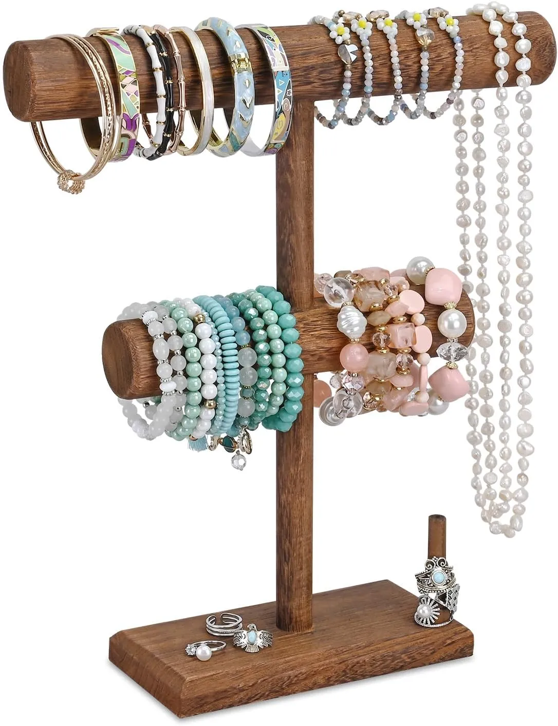 Ikee Design 2 Tier Wooden Jewelry Bracelet Watch Display Holder, T-Bar Bangle Scrunchie Necklace with Ring Holder Jewelry Storage Stand for Vendor, Selling, 11.9 W x 3.5 D x 13.6 H in, Brown Color