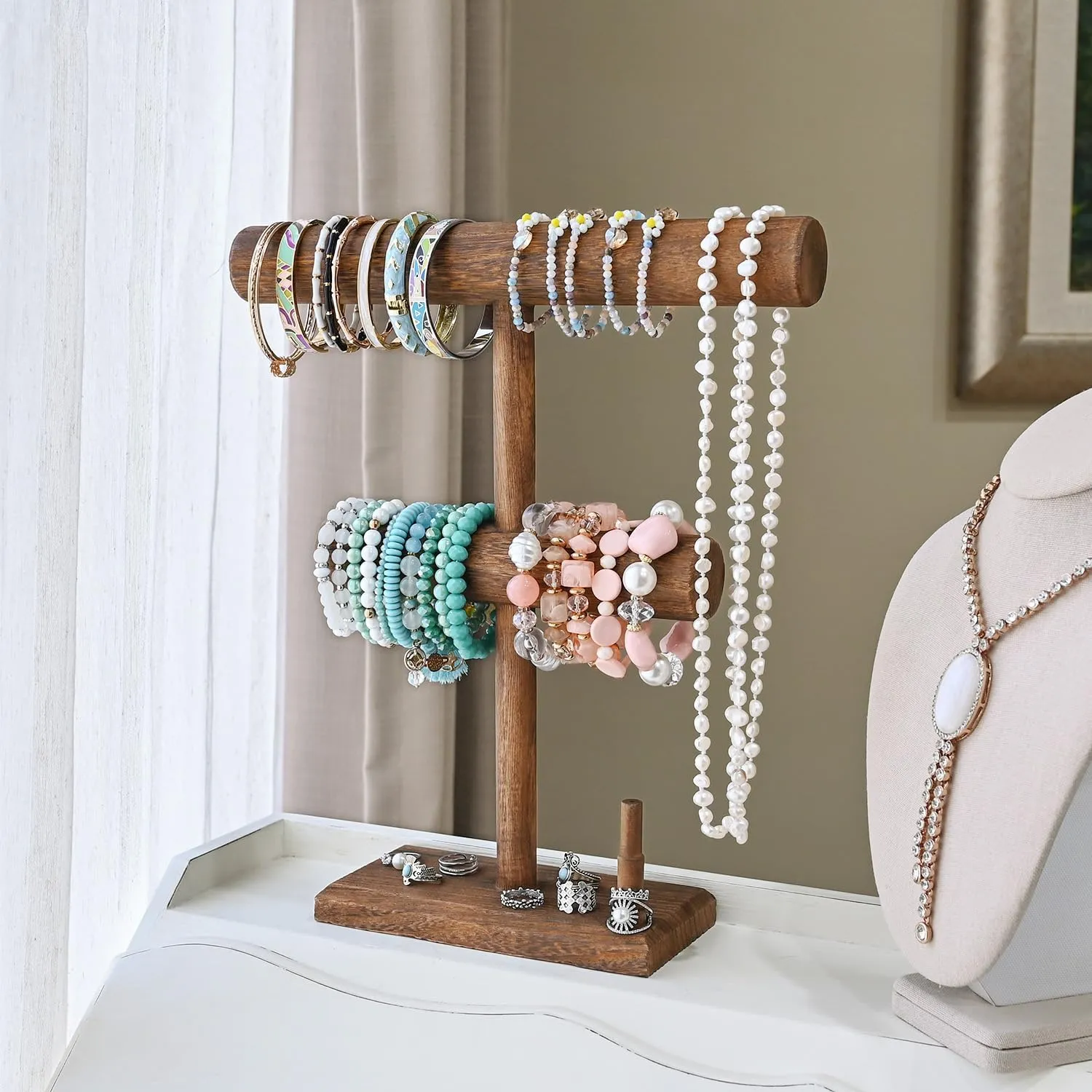 Ikee Design 2 Tier Wooden Jewelry Bracelet Watch Display Holder, T-Bar Bangle Scrunchie Necklace with Ring Holder Jewelry Storage Stand for Vendor, Selling, 11.9 W x 3.5 D x 13.6 H in, Brown Color