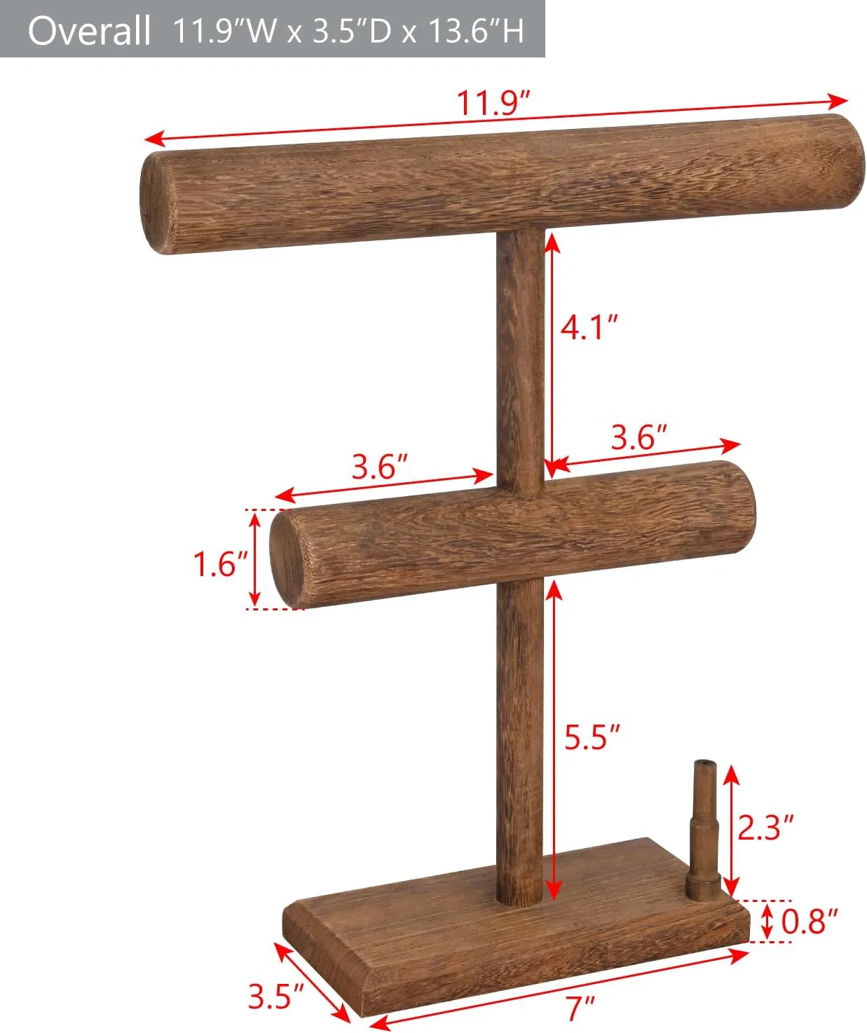 Ikee Design 2 Tier Wooden Jewelry Bracelet Watch Display Holder, T-Bar Bangle Scrunchie Necklace with Ring Holder Jewelry Storage Stand for Vendor, Selling, 11.9 W x 3.5 D x 13.6 H in, Brown Color