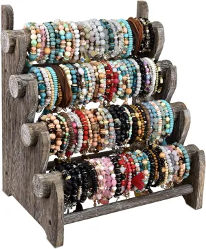 Ikee Design Antique Wooden 4 Tier Jewelry Bracelet Display Stand Bangle Scrunchie Organizer Holder for Store, Showcase and Home Storage, 12 W x 9 D x 14 H in, Coffee Color