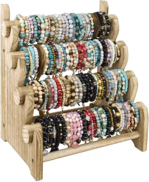 Ikee Design Antique Wooden 4 Tier Jewelry Bracelet Display Stand Bangle Scrunchie Organizer Holder for Store, Showcase and Home Storage, 12 W x 9 D x 14 H in, Oak Color