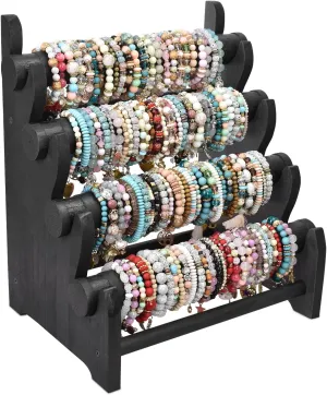 Ikee Design Antique Wooden 4 Tier Jewelry Bracelet Display Stand Bangle Scrunchie Organizer Holder for Store, Showcase and Home Storage, 12" W x 9" D x 14" H, Black Color