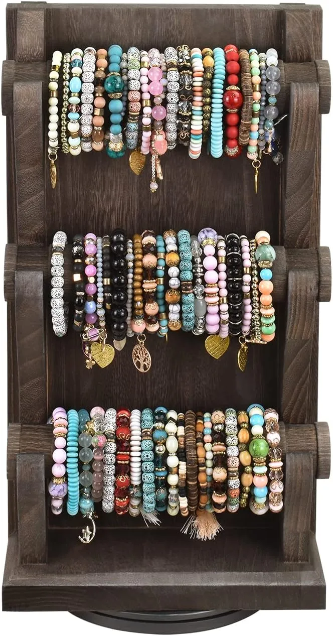 Ikee Design Two-Sided Rotating Wooden Jewelry Bracelet Display Stand-6 Removable Holders, 3 Tier Bar Bangle Organizer-Perfect for Bracelets and Jewelry Display, Dark Brown Color