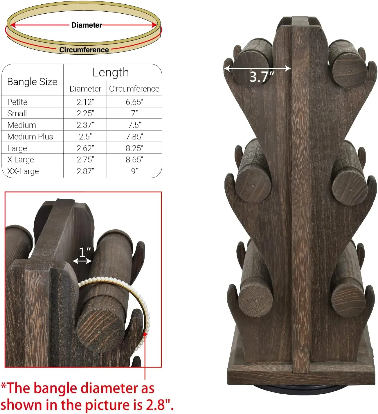 Ikee Design Two-Sided Rotating Wooden Jewelry Bracelet Display Stand-6 Removable Holders, 3 Tier Bar Bangle Organizer-Perfect for Bracelets and Jewelry Display, Dark Brown Color