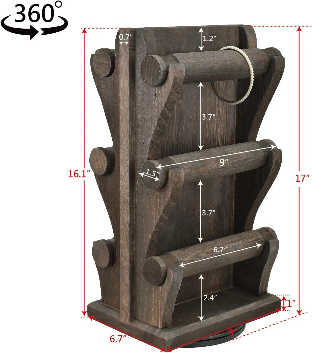 Ikee Design Two-Sided Rotating Wooden Jewelry Bracelet Display Stand-6 Removable Holders, 3 Tier Bar Bangle Organizer-Perfect for Bracelets and Jewelry Display, Dark Brown Color