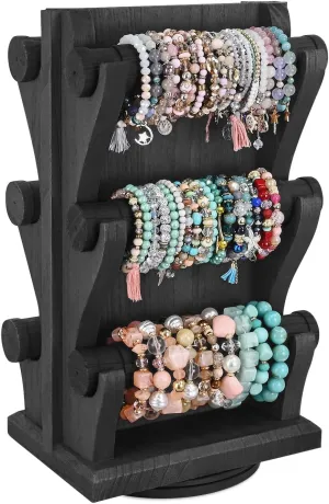 Ikee Design Two-Sided Rotating Wooden Jewelry Bracelet Display Stand Holder 6 Removable Holders, 3 Tier Bar Bangle Organizer-Perfect for Bracelets and Jewelry Display for Vendors, Black Color