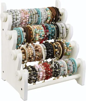 Ikee Design Wooden 4 Tier Jewelry Display Bracelet Bangle Scrunchie Holder Stand for Store and Home Organization, Wash White Color