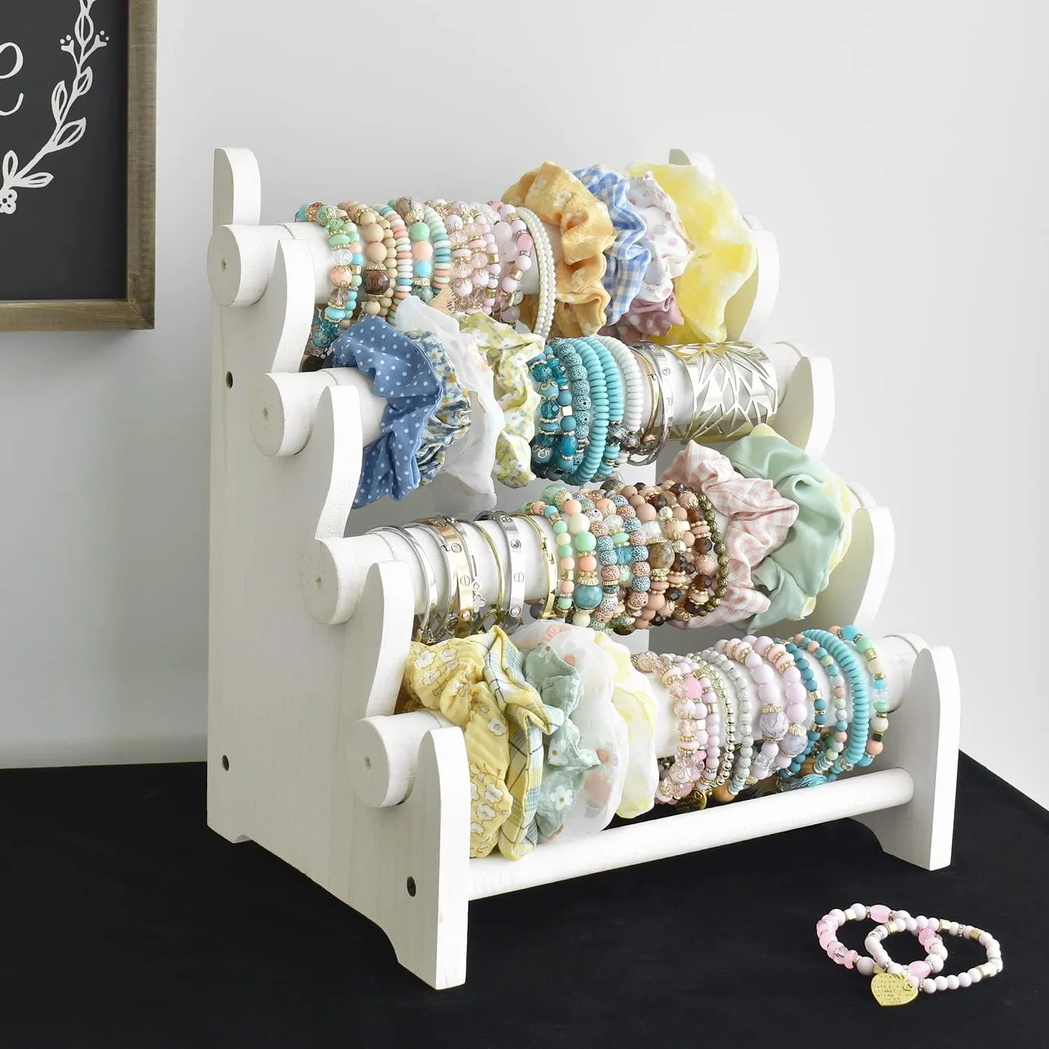 Ikee Design Wooden 4 Tier Jewelry Display Bracelet Bangle Scrunchie Holder Stand for Store and Home Organization, Wash White Color