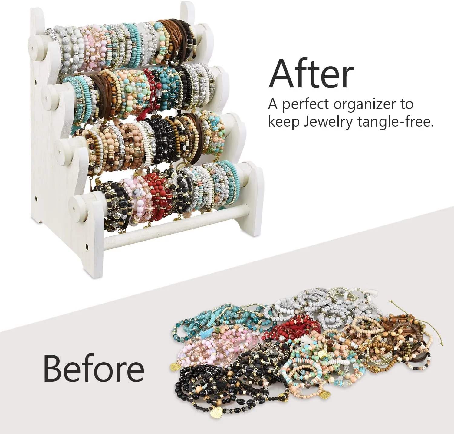 Ikee Design Wooden 4 Tier Jewelry Display Bracelet Bangle Scrunchie Holder Stand for Store and Home Organization, Wash White Color