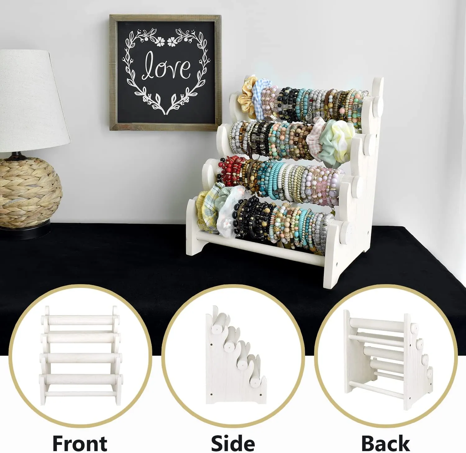 Ikee Design Wooden 4 Tier Jewelry Display Bracelet Bangle Scrunchie Holder Stand for Store and Home Organization, Wash White Color
