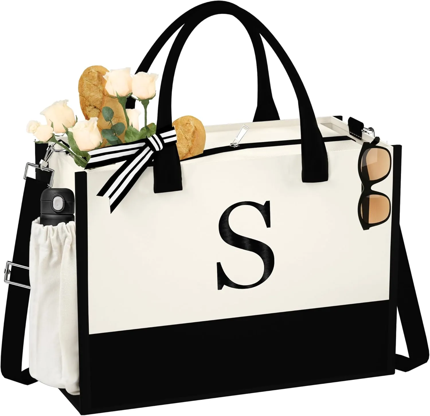 Initial Canvas Tote Bag - Reusable Grocery Bags, Birthday Gifts Basket for Bridemaids Friends Teachers
