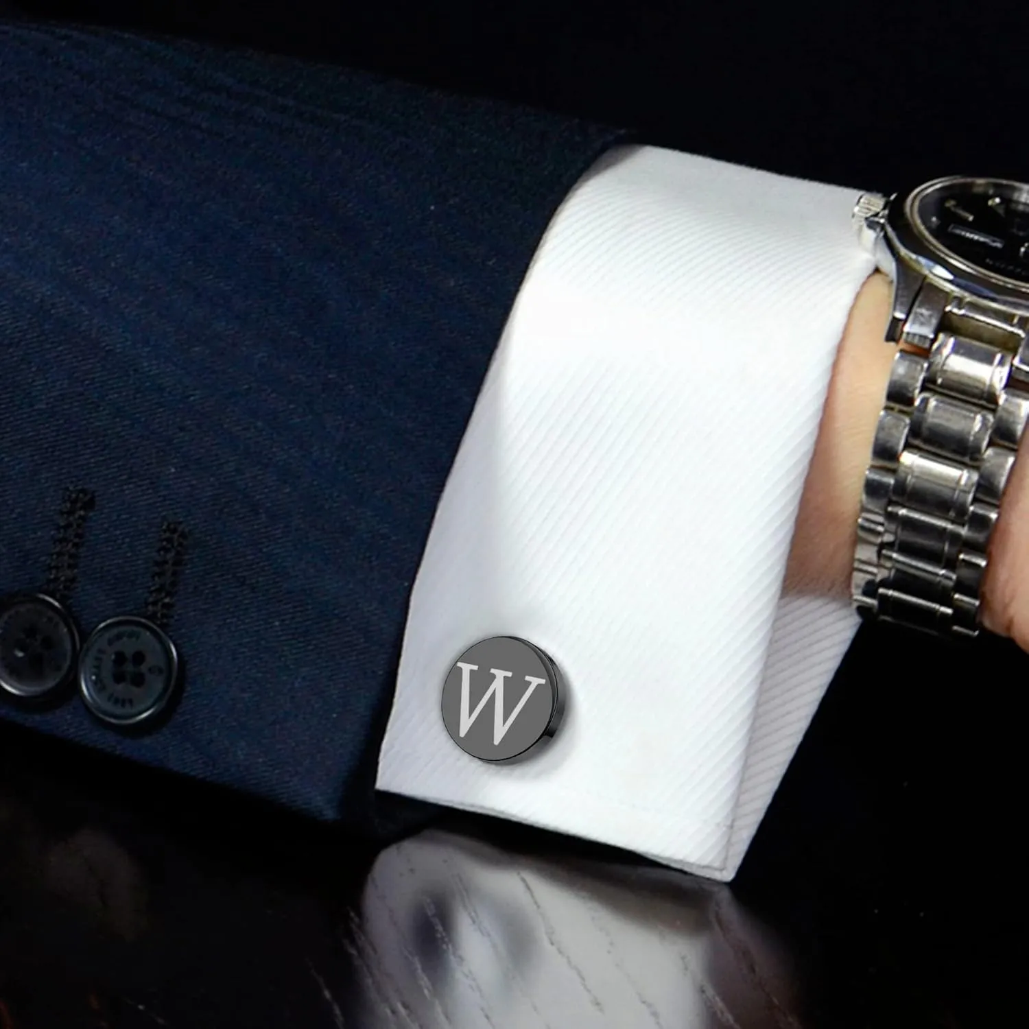 IRONBOX Initial Cufflinks and Tie Clip Set for Men Personalized Black Cuff Links and Tie Bar Letter Alphabet A-Z Gift with Box for Father Husband Groommens